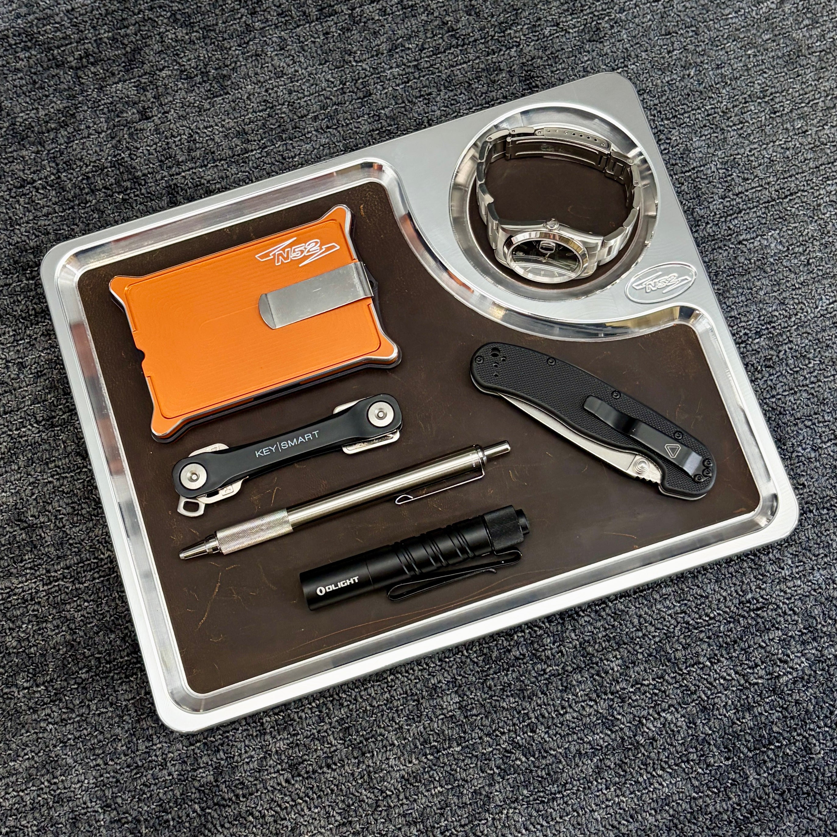 N52 Valet Tray P-108 — Polished Billet Aluminum — 10" x 8" — Leather Liner — Made in USA