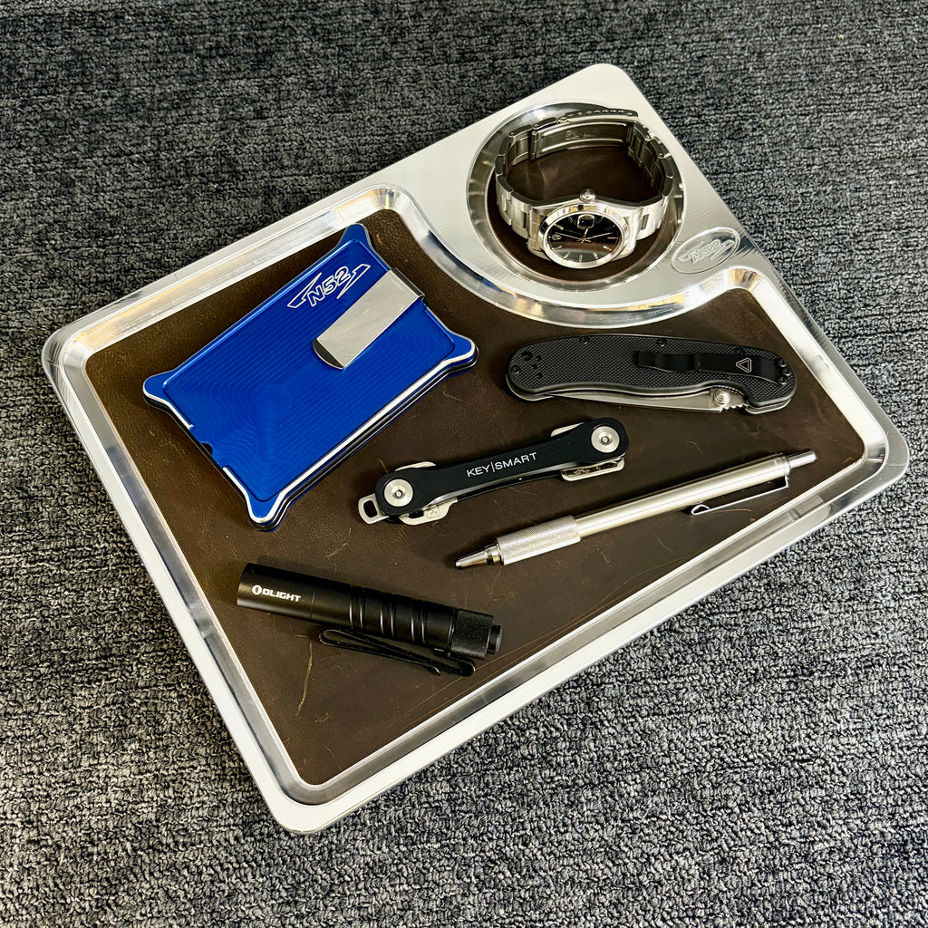 N52 Valet Tray P-108 — Polished Billet Aluminum — 10" x 8" — Leather Liner — Made in USA
