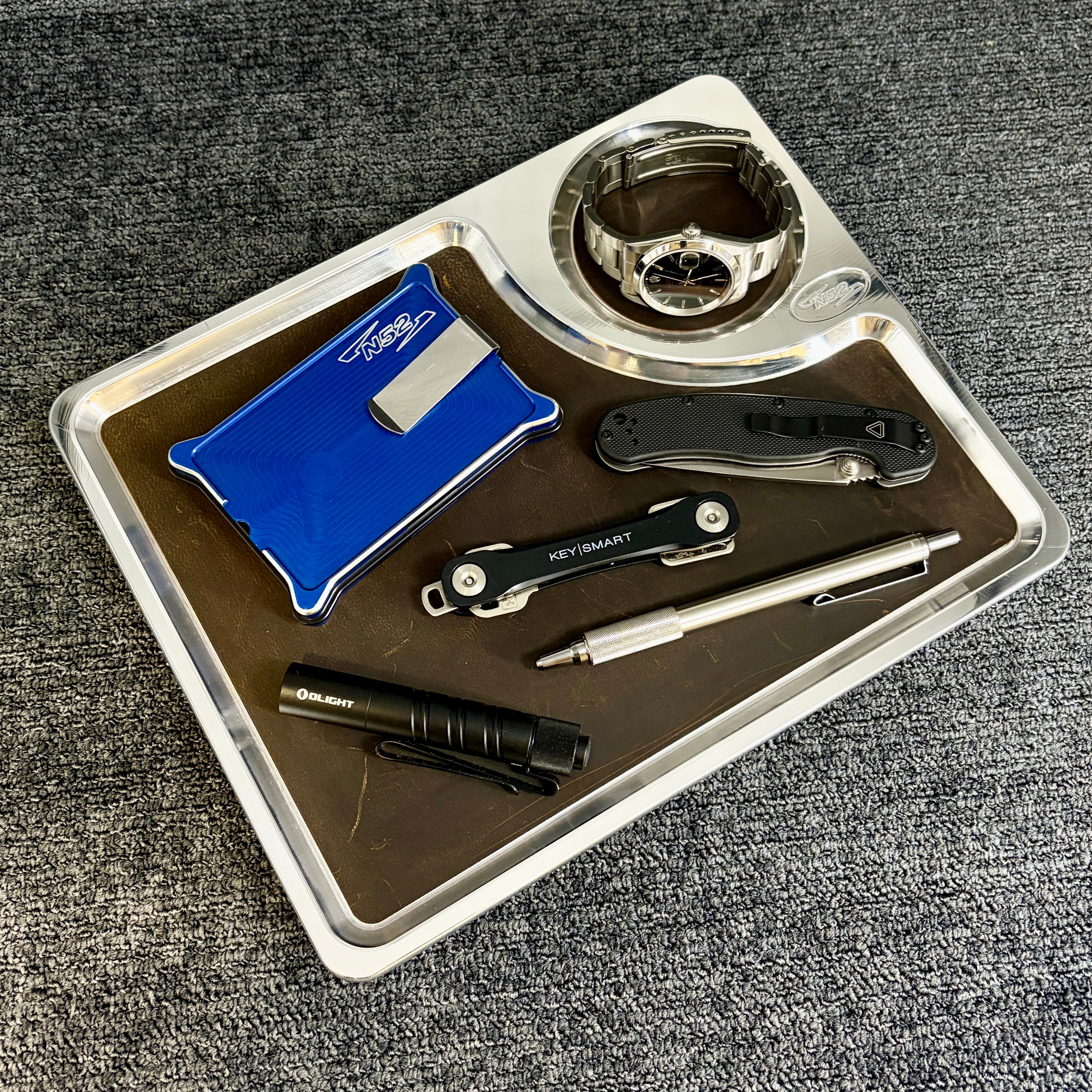 N52 Valet Tray P-108 — Polished Billet Aluminum — 10" x 8" — Leather Liner — Made in USA