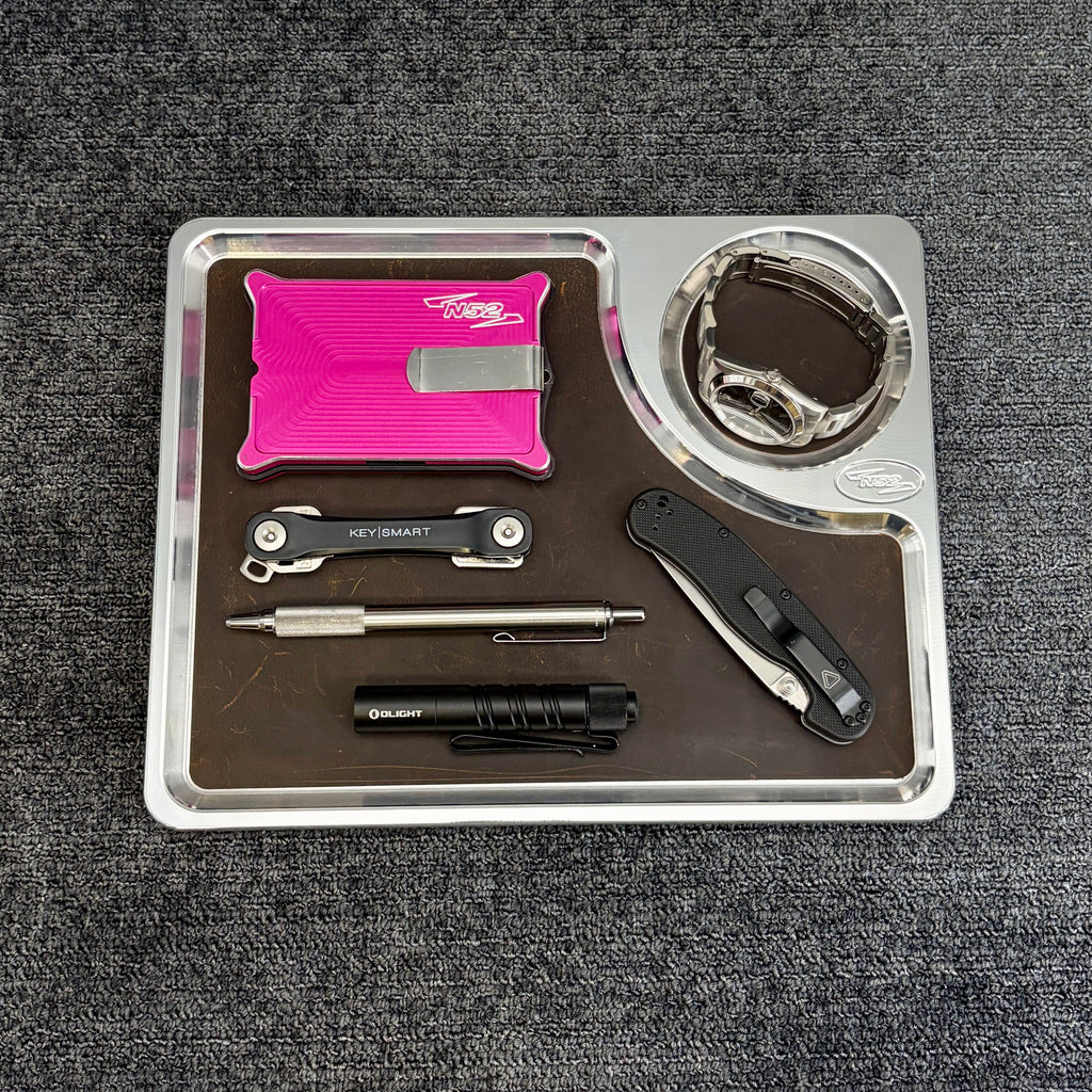 N52 Valet Tray P-108 — Polished Billet Aluminum — 10" x 8" — Leather Liner — Made in USA