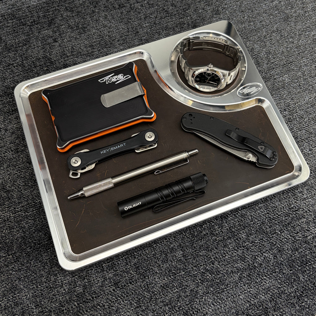 N52 Valet Tray P-108 — Polished Billet Aluminum — 10" x 8" — Leather Liner — Made in USA