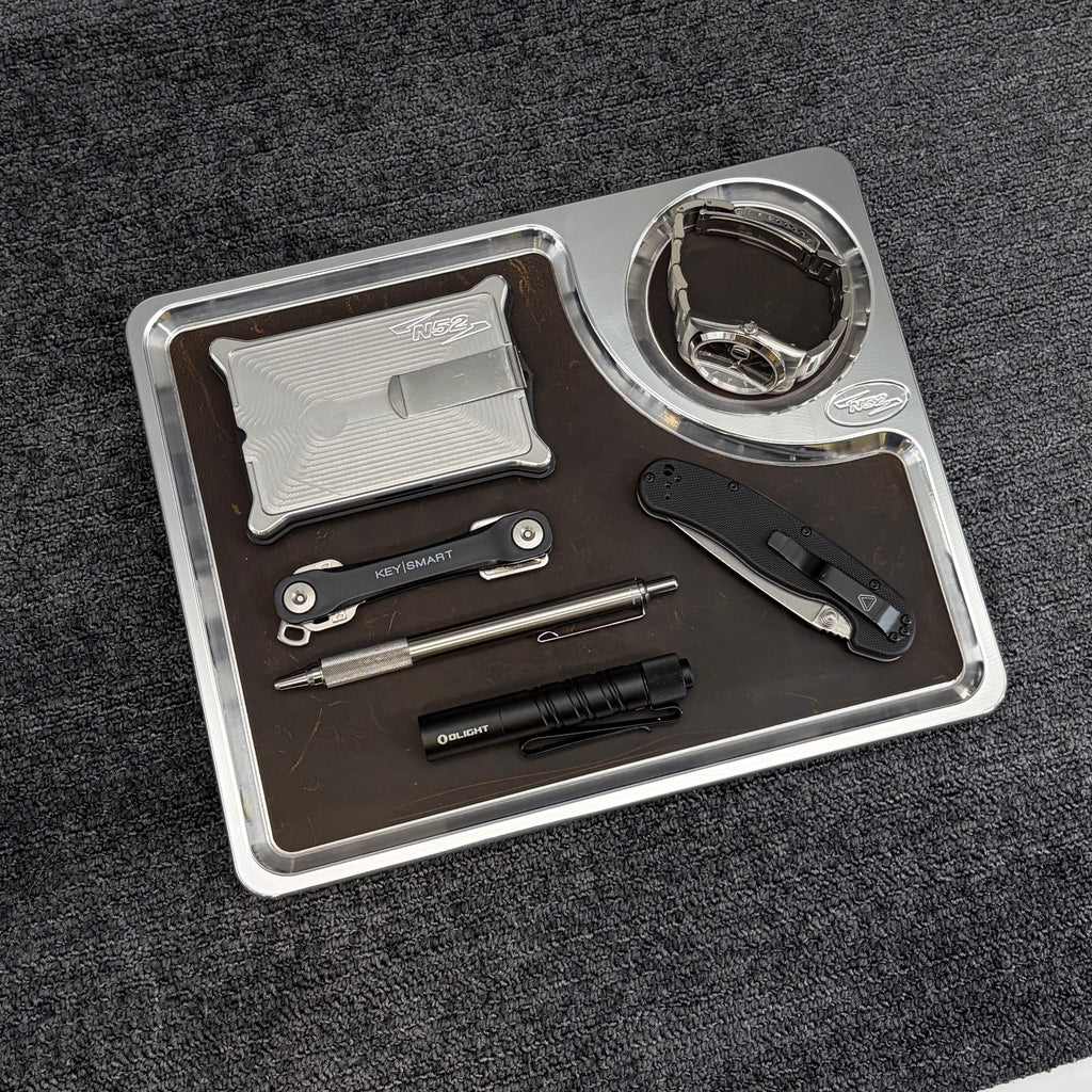N52 Valet Tray P-108 — Polished Billet Aluminum — 10" x 8" — Leather Liner — Made in USA
